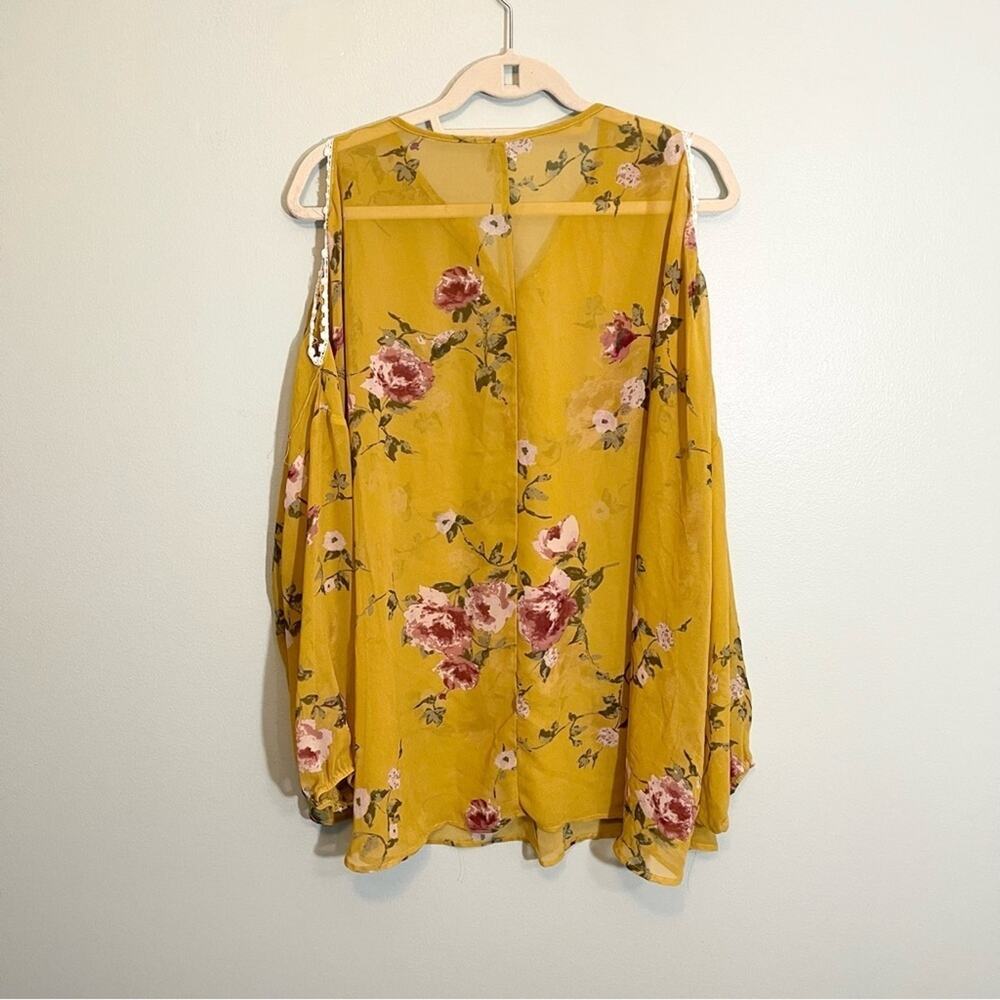 Pink Blush Yellow Floral Sheer Open Shoulder Blouse Size XL - Picture 11 of 16